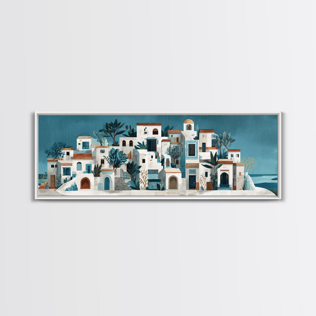 Greek Island White Buildings Above Blue Sea Canvas Print, Mediterranean Art, Horizontal Wall Art, Living Room Decor, Azure, MAR-3x1-17