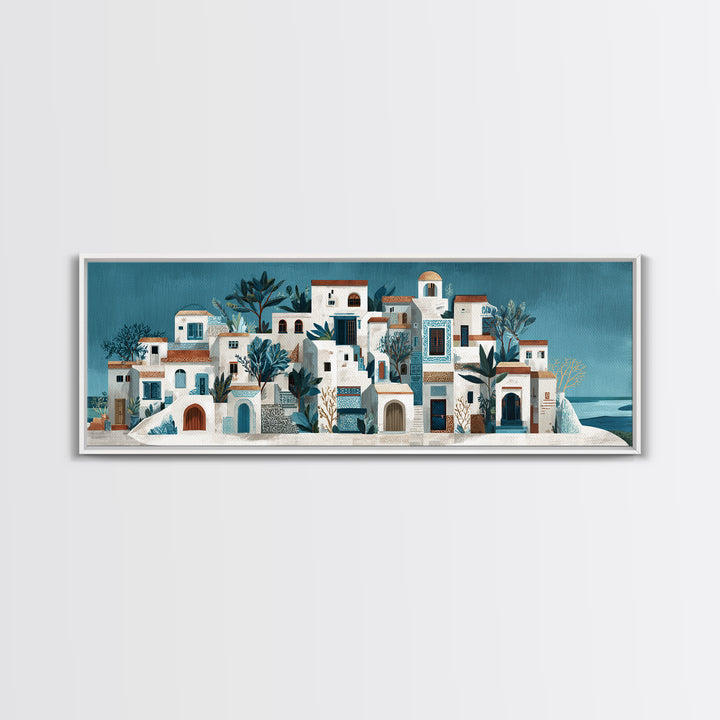 Greek Island White Buildings Above Blue Sea Canvas Print, Mediterranean Art, Horizontal Wall Art, Living Room Decor, Azure, MAR-3x1-17