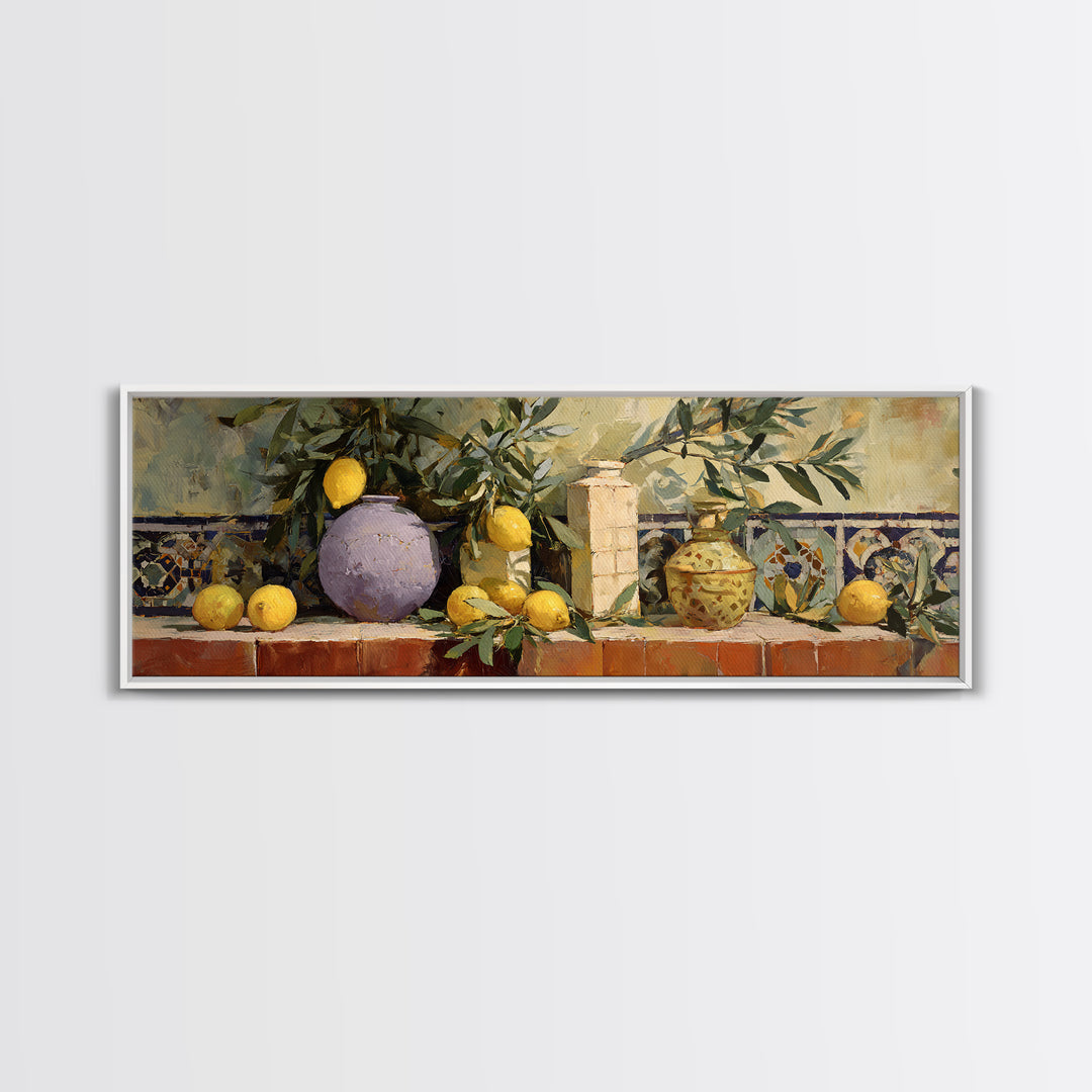 Olive Branch and Lemons on Terracotta Ground Canvas Print, Mediterranean Art, Digital Wall Art, Living Room Decor, Azure, MAR-3x1-18