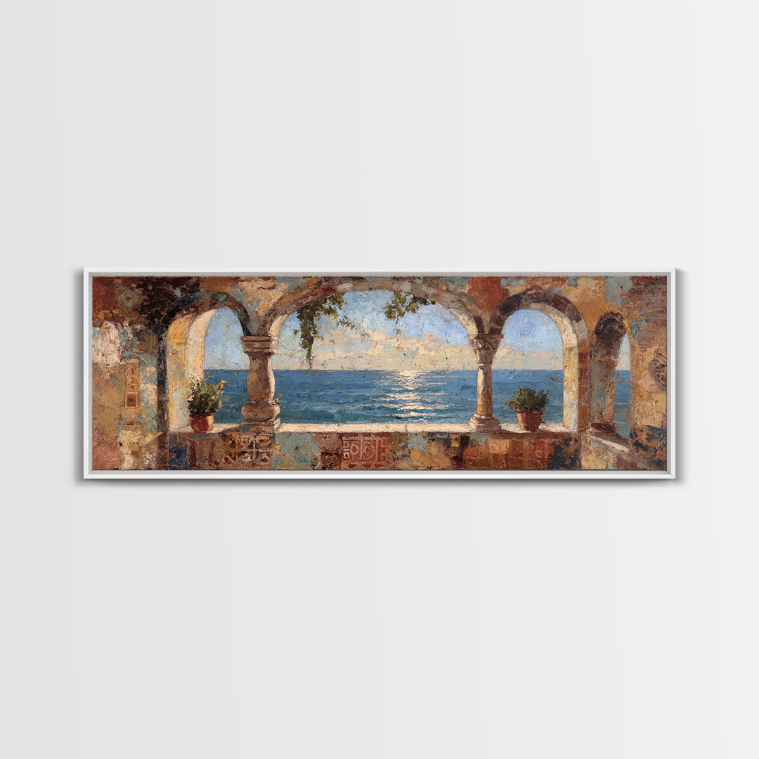 Mediterranean Arch Framing Ocean Horizon Canvas Print, Mediterranean Art, Wall Decor, Living Room Decor, Fine Art, Azure, MAR-3x1-19