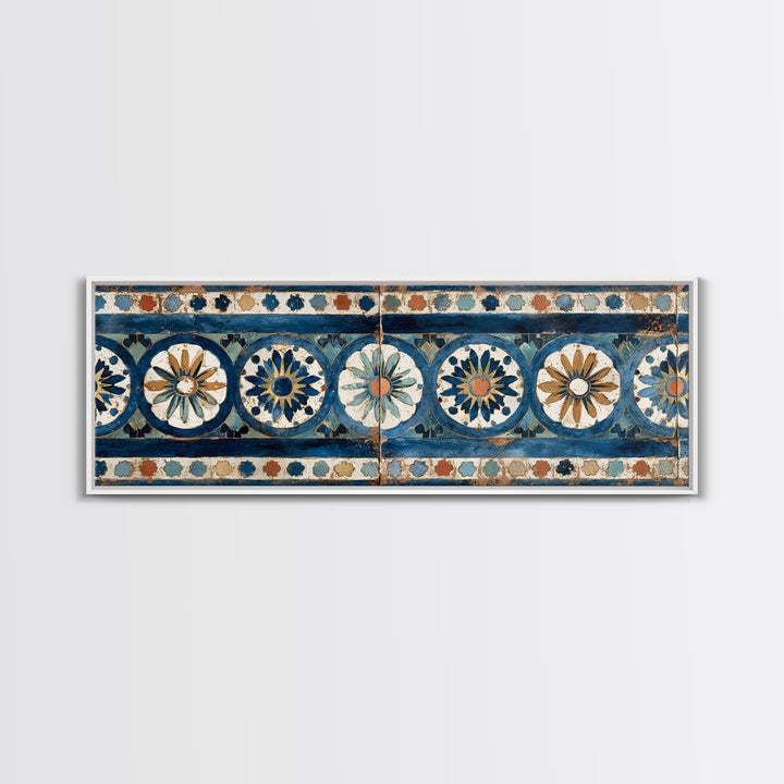 Blue and White Tile Pattern Canvas Print, Mediterranean Art, Landscape Wall Art, Living Room Decor, Azure, Luxury Decor, MAR-3x1-20