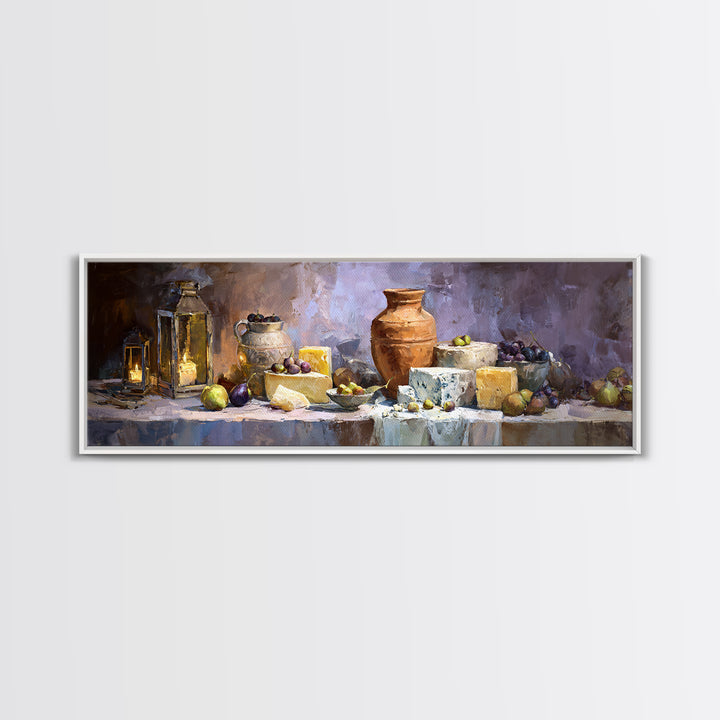 Figs Olives and Cheese Still Life Canvas Print, Mediterranean Art, Downloadable Art, Living Room Decor, Fine Art, Azure, MAR-3x1-24