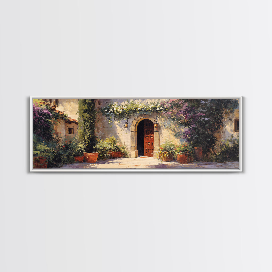 Sunlit Courtyard Doorway Framed Canvas Print, Mediterranean Art, Modern Decor, Living Room Decor, Fine Art, Azure, MAR-3x1-27