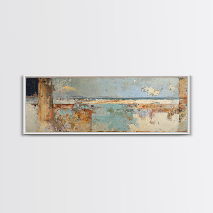 Ancient Column with Sea and Sky Beyond Framed Canvas Print, Mediterranean Art, Beach Prints, Living Room Decor, Oil Painting, MAR-3x1-28
