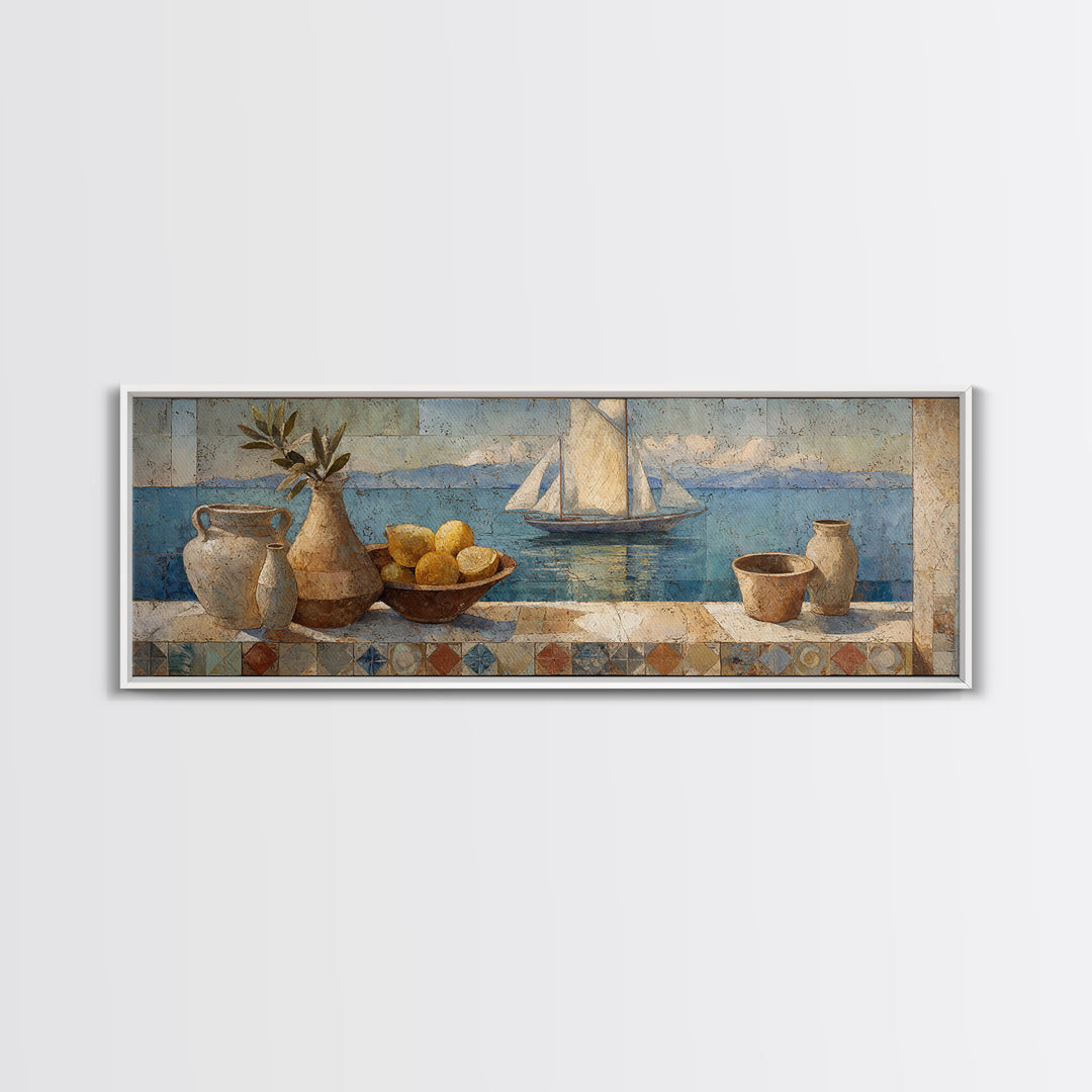 Mediterranean Sailboat on Glassy Water Canvas Print, Mediterranean Art, Living Room Decor, Abstract Art, Azure, MAR-3x1-34