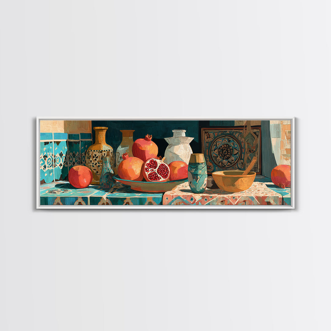 Pomegranate Still Life Canvas Print, Mediterranean Art, Statement Artwork, Living Room Decor, Fine Art, Azure, Oil Painting, MAR-3x1-35