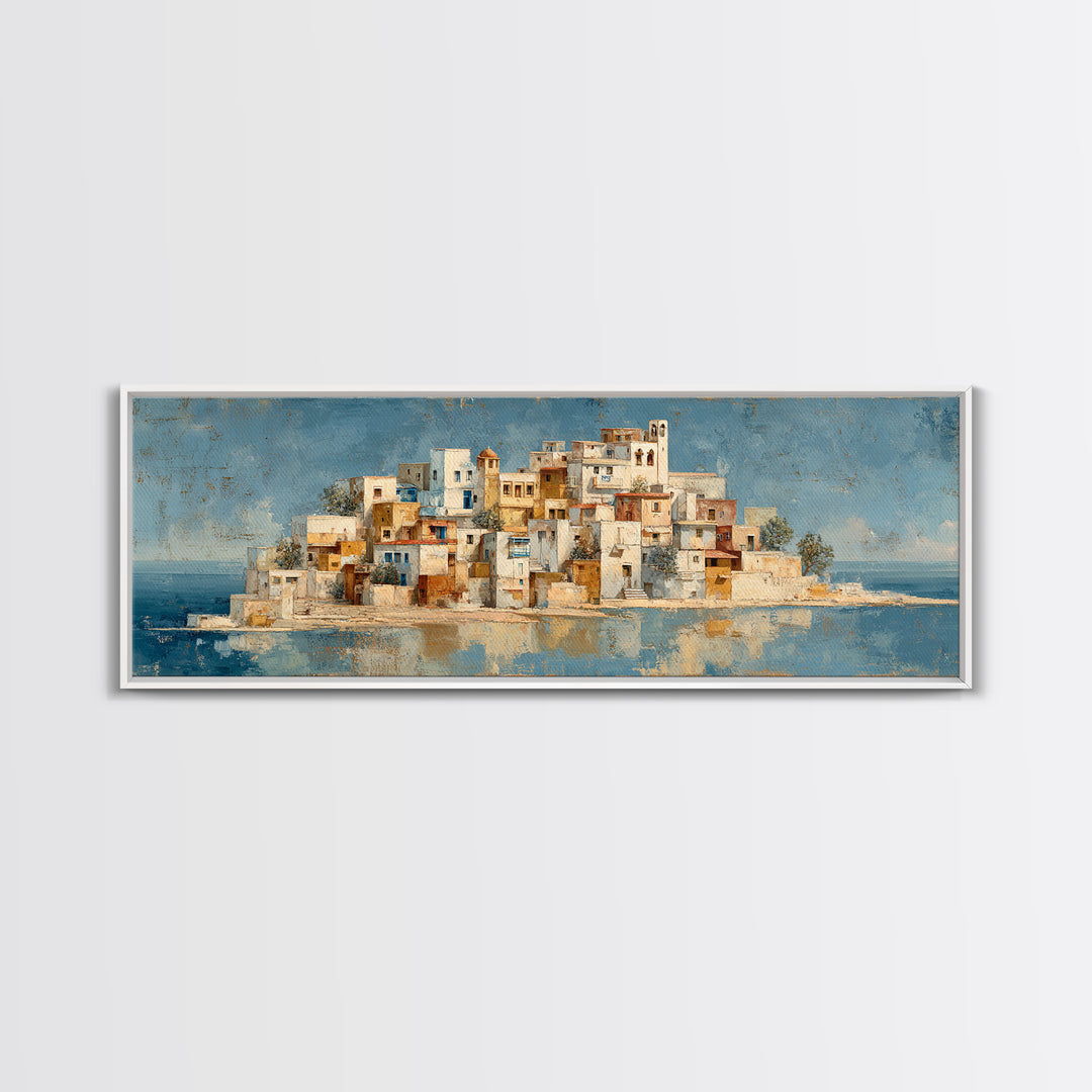 Greek Island White Buildings Above Blue Sea Canvas Print, Mediterranean Art, Coastal Wall Art, Living Room Decor, MAR-3x1-41