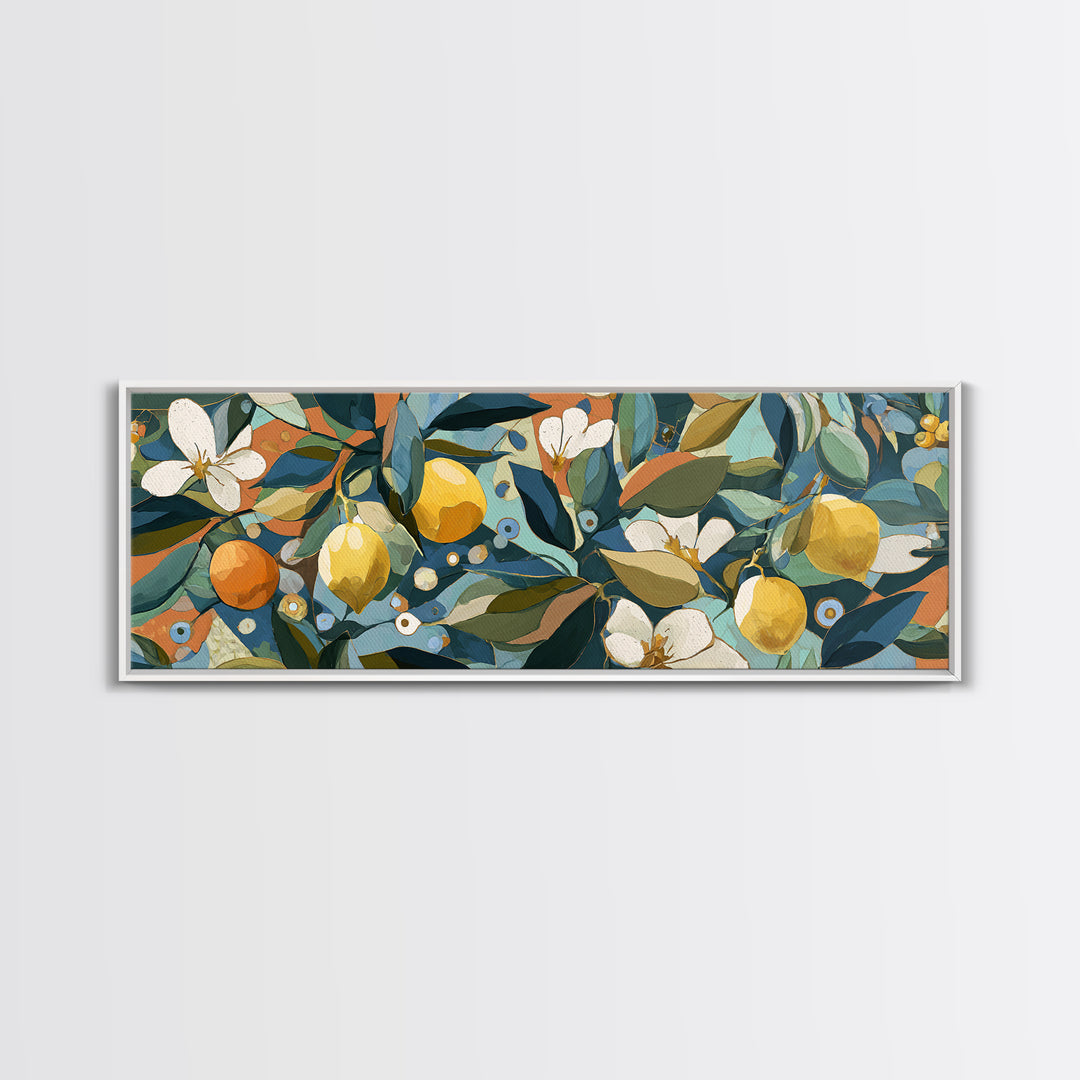 Olive Branch and Lemons on Terracotta Ground Canvas Print, Mediterranean Art, Farmhouse Decor, Living Room Decor, MAR-3x1-42