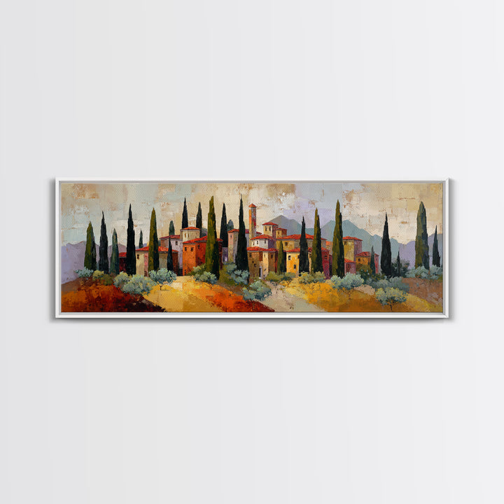 Tuscan Cypress Trees and Golden Hillside Canvas Print, Mediterranean Art, Horizontal Wall Art, Living Room Decor, Azure, MAR-3x1-46