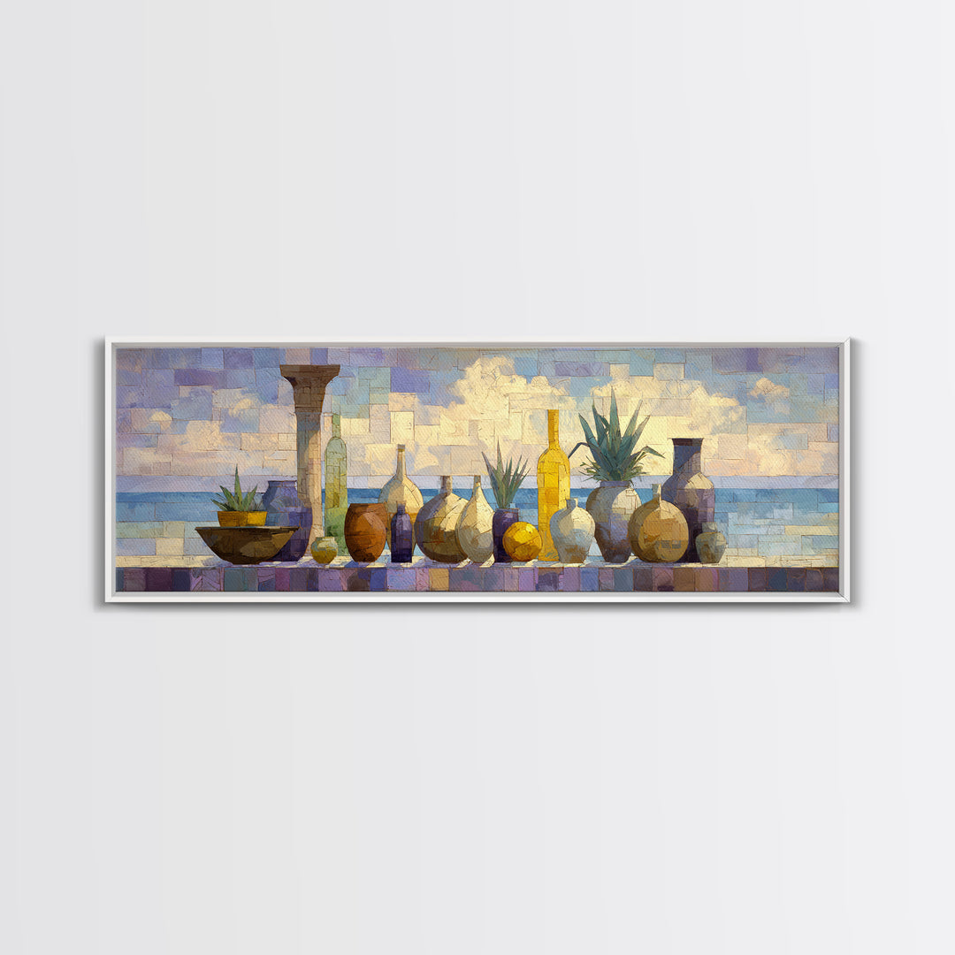 Ancient Column with Sea and Sky Beyond Framed Canvas Print, Mediterranean Art, Luxury Decor, Living Room Decor, Abstract Art, MAR-3x1-52