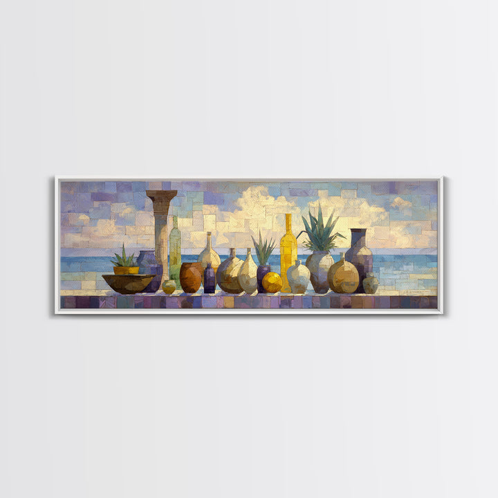 Ancient Column with Sea and Sky Beyond Framed Canvas Print, Mediterranean Art, Luxury Decor, Living Room Decor, Abstract Art, MAR-3x1-52