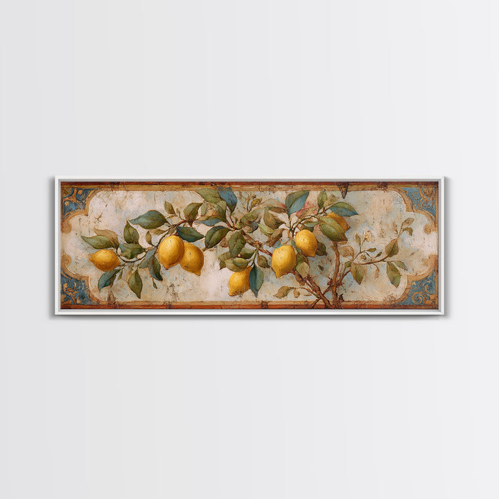 Sicilian Lemon Branch on Ivory Background Canvas Print, Mediterranean Art, Modern Wall Art, Living Room Decor, Azure, MAR-3x1-53