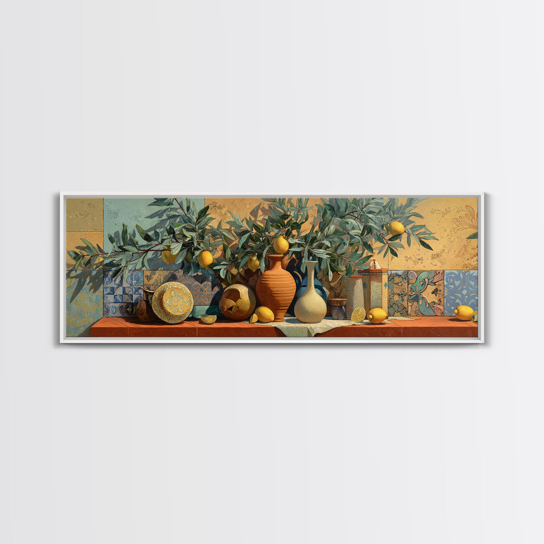 Olive Branch and Lemons on Terracotta Ground Canvas Print, Mediterranean Art, Farmhouse Decor, Living Room Decor, MAR-3x1-66
