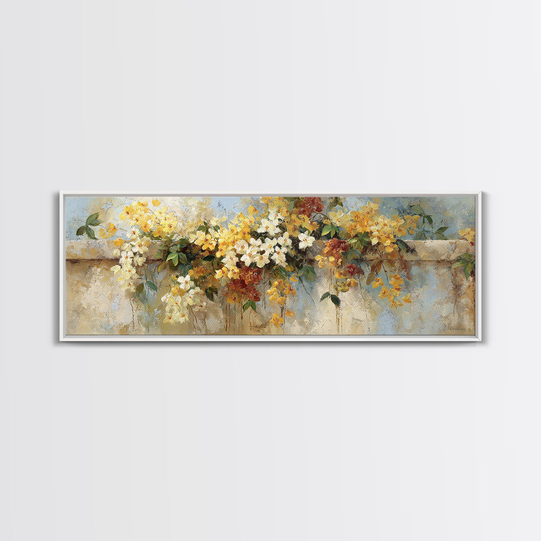 Bougainvillea Cascading over Stone Wall Framed Canvas Print, Mediterranean Art, Digital Art Prints, Living Room Decor, Azure, MAR-3x1-69