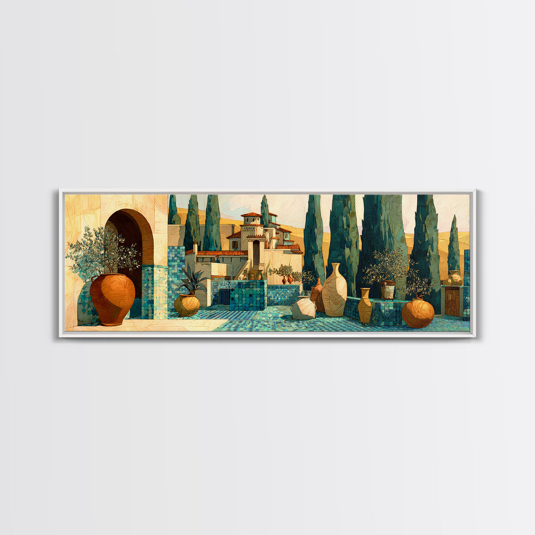 Tuscan Cypress Trees and Golden Hillside Canvas Print, Mediterranean Art, Modern Decor, Living Room Decor, Oil Painting, Azure, MAR-3x1-70