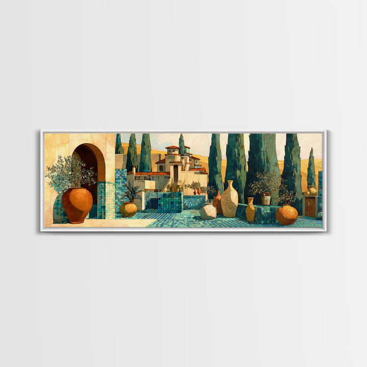 Tuscan Cypress Trees and Golden Hillside Canvas Print, Mediterranean Art, Modern Decor, Living Room Decor, Oil Painting, Azure, MAR-3x1-70