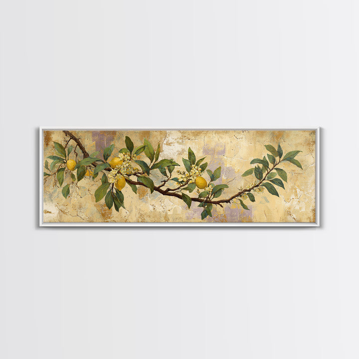 Sicilian Lemon Branch on Ivory Background Canvas Print, Mediterranean Art, Modern Wall Art, Living Room Decor, Azure, MAR-3x1-77