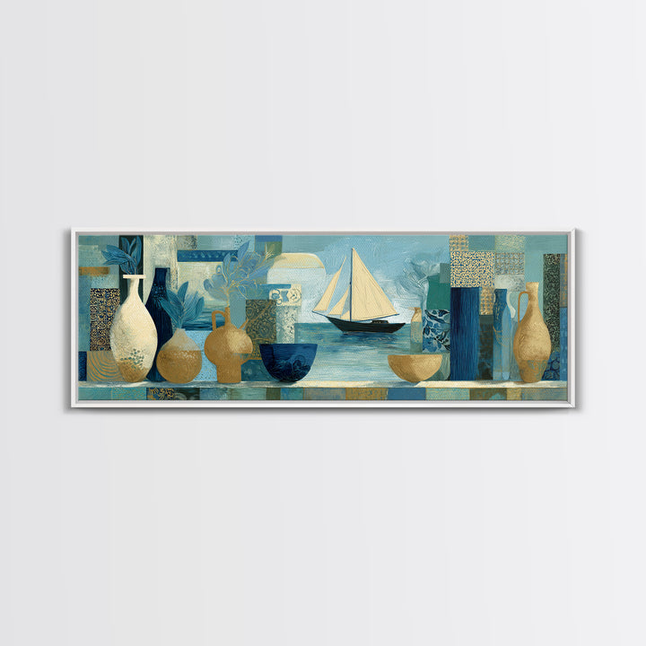 Mediterranean Sailboat on Glassy Water Framed Canvas Print, Mediterranean Art, Printable Art, Living Room Decor, Azure, MAR-3x1-82