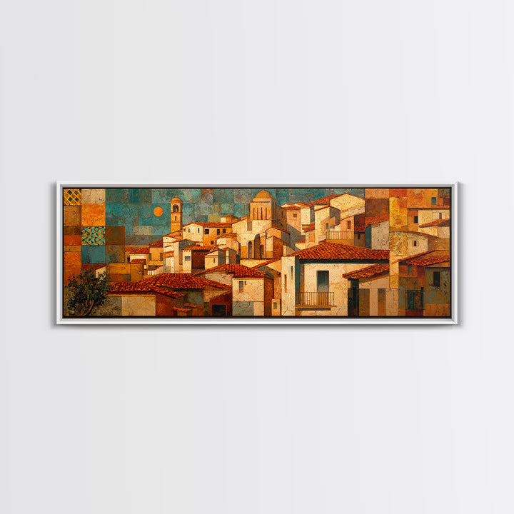 Sunset over Red Tiled Rooftops Framed Canvas Print, Mediterranean Art, Oil Painting, Living Room Decor, Fine Art, Azure, MAR-3x1-87