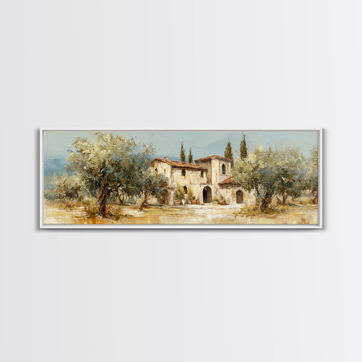 Olive Grove under Pale Morning Light Framed Canvas Print, Mediterranean Art, Oil Painting, Living Room Decor, Fine Art, Azure, MAR-3x1-9