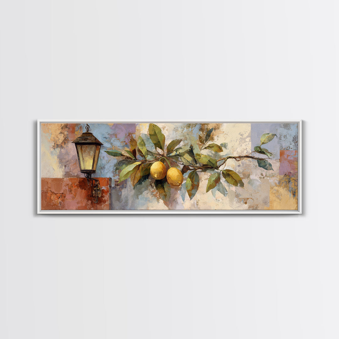 Olive Branch and Lemons on Terracotta Ground Framed Canvas Print, Mediterranean Art, Nautical Decor, Living Room Decor, Azure, MAR-3x1-90