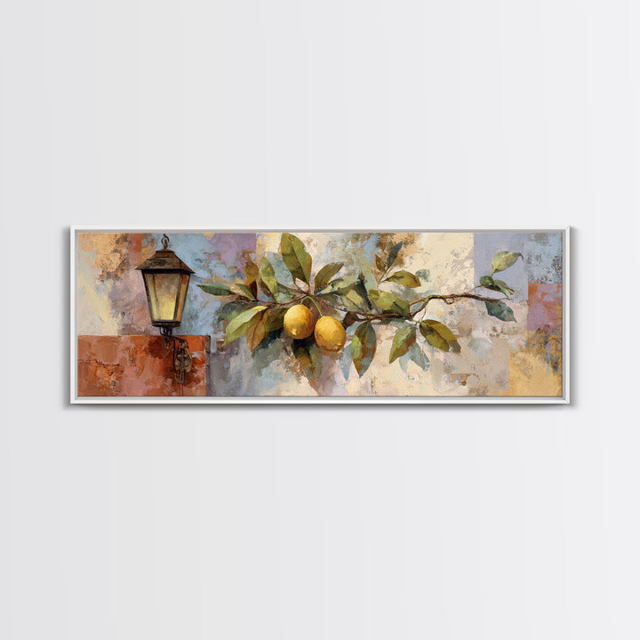 Olive Branch and Lemons on Terracotta Ground Framed Canvas Print, Mediterranean Art, Nautical Decor, Living Room Decor, Azure, MAR-3x1-90