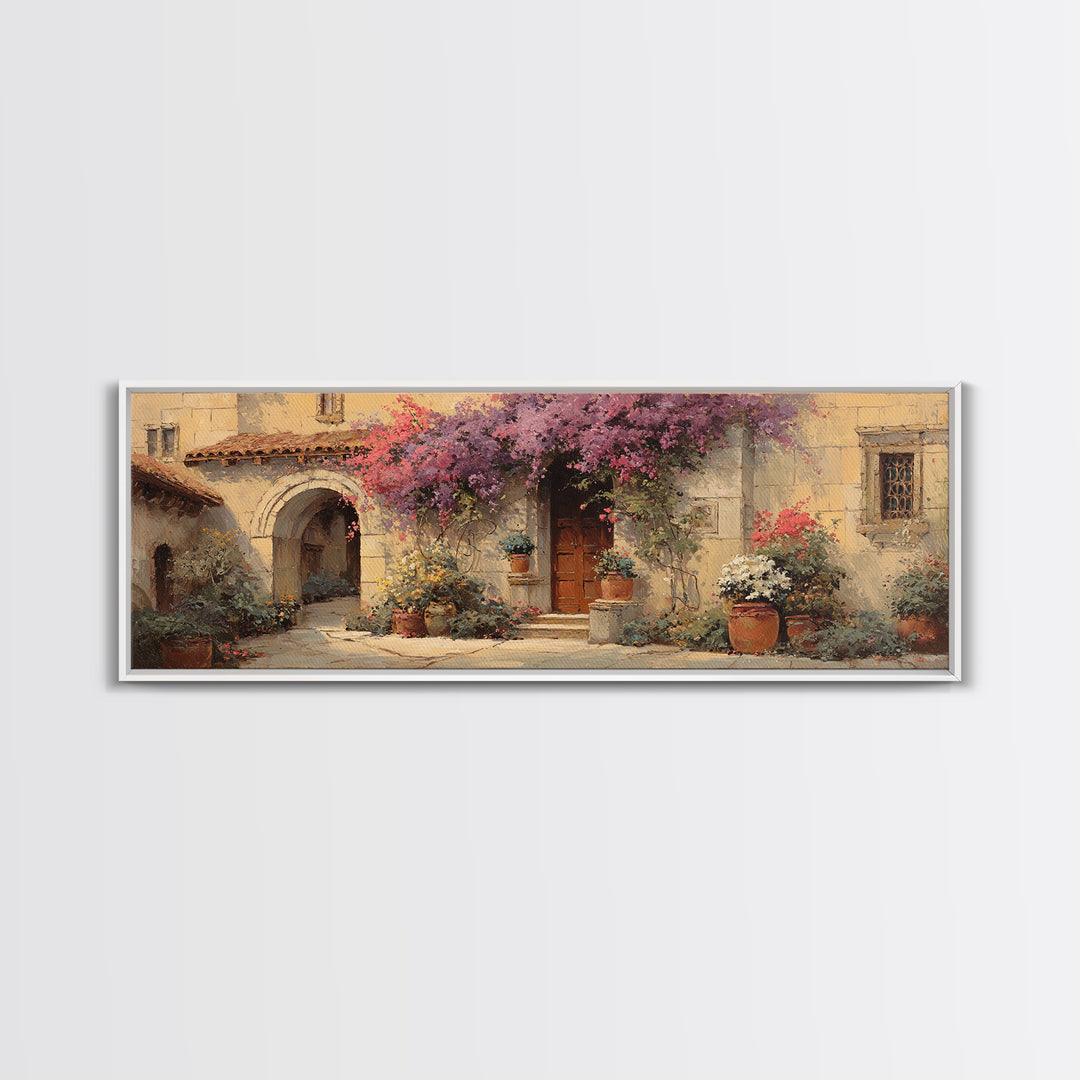 Bougainvillea Cascading over Stone Wall Canvas Print, Mediterranean Art, Coastal Art, Living Room Decor, Fine Art, Azure, MAR-3x1-93