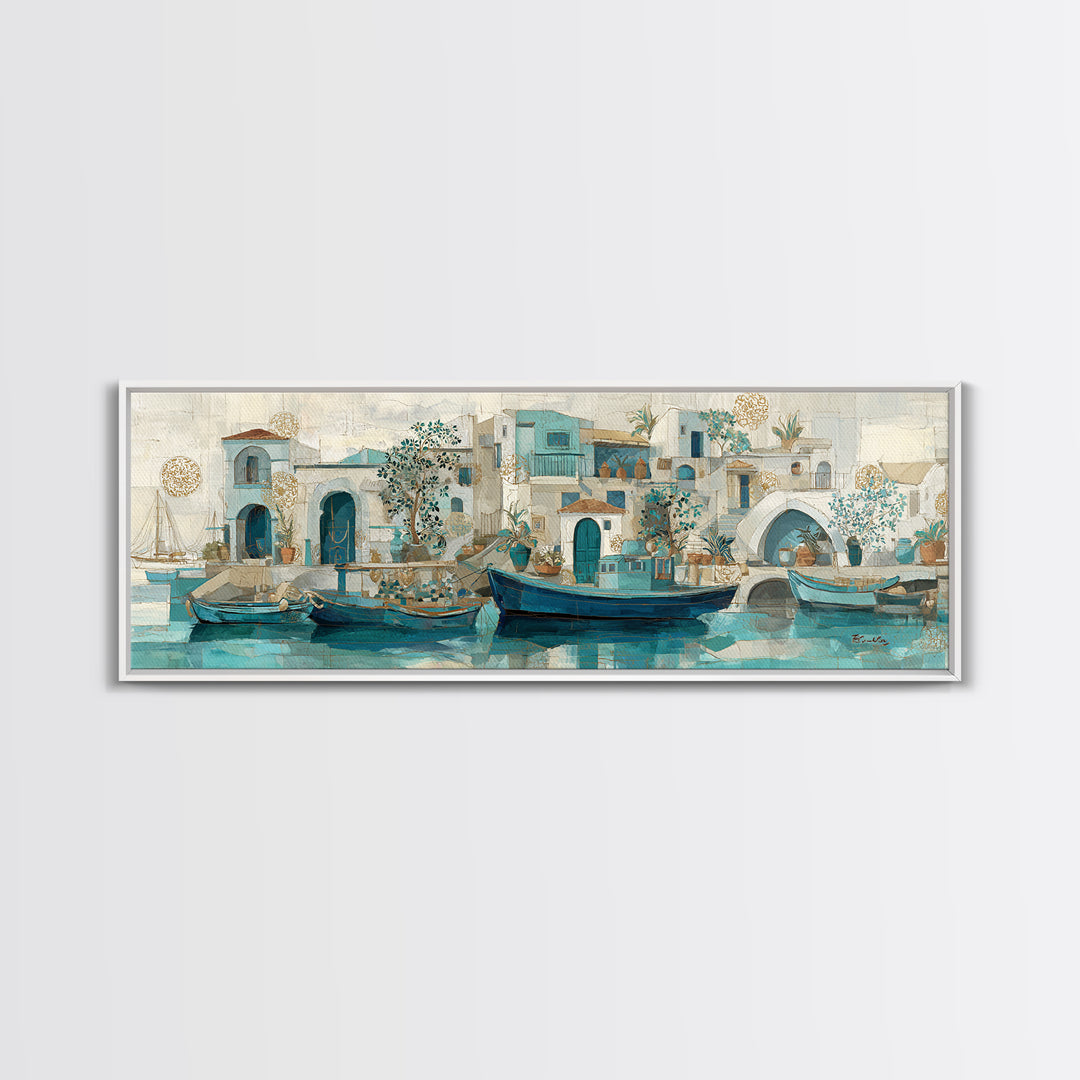 Coastal Fishing Boats Canvas Print, Mediterranean Art, Gallery Decor, Living Room Decor, Oil Painting, Azure, Minimalist Decor, MAR-3x1-95