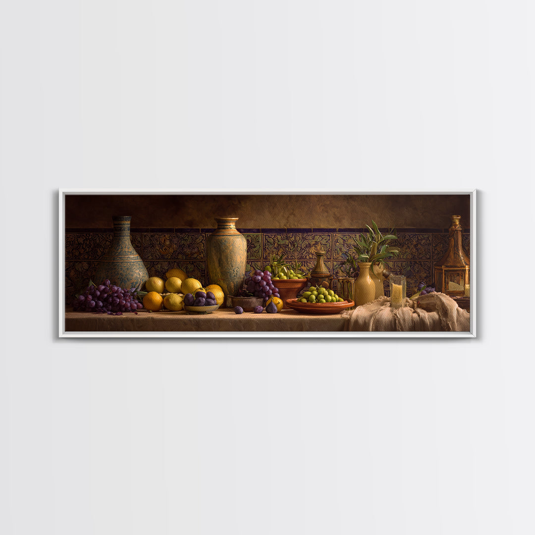 Figs Olives and Cheese Still Life Canvas Print, Mediterranean Art, Gallery Wall Art, Living Room Decor, Fine Art, Azure, MAR-3x1-96