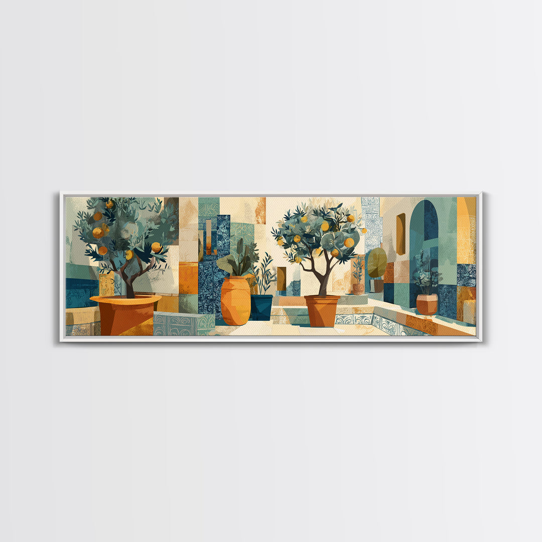 Citrus Tree in Clay Pot Canvas Print, Mediterranean Art, Digital Art Prints, Living Room Decor, Fine Art, Azure, Travel Poster, MAR-3x1-98
