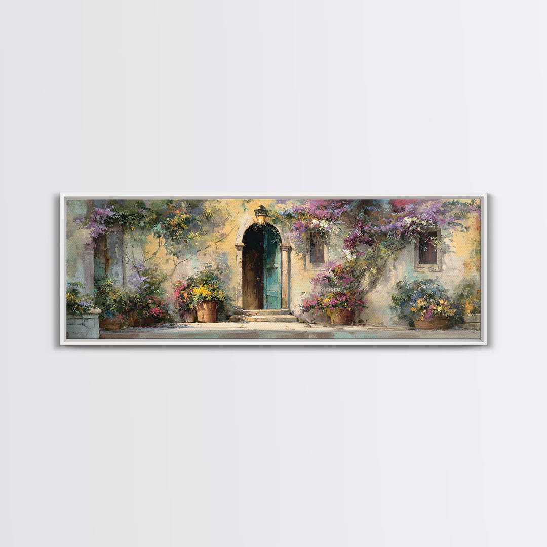 Sunlit Courtyard Doorway Framed Canvas Print, Mediterranean Art, Wall Decor, Living Room Decor, Oil Painting, Azure, MAR-3x1-99