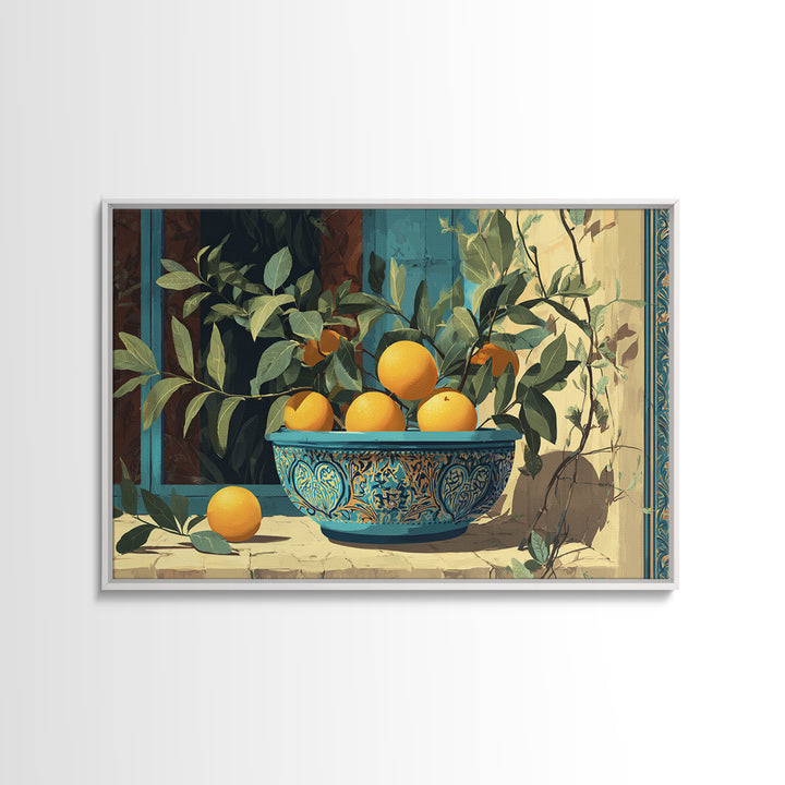 Ceramic Bowl of Oranges and Leaves Canvas Print, Mediterranean Art, Large Wall Art, Living Room Decor, Fine Art, Azure, MAR-3x2-1