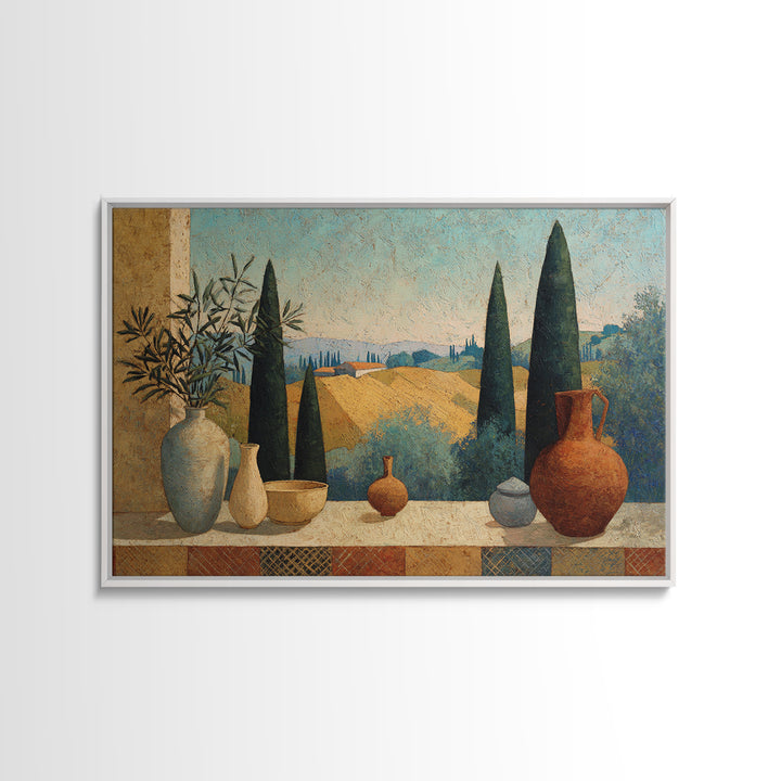 Tuscan Cypress Trees and Golden Hillside Framed Canvas Print, Mediterranean Art, Framed Wall Art, Living Room Decor, Azure, MAR-3x2-10