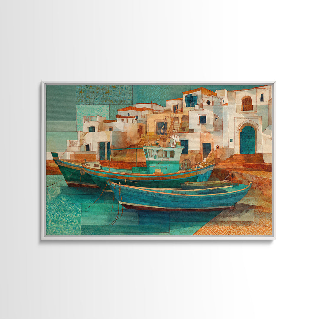 Coastal Fishing Boats Canvas Print, Mediterranean Art, Farmhouse Decor, Living Room Decor, Fine Art, Azure, Landscape Painting, MAR-3x2-11