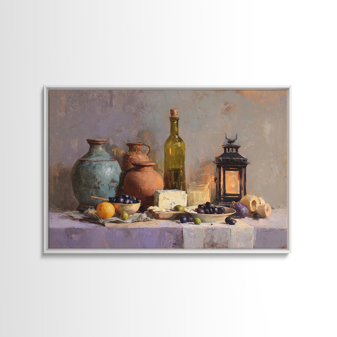 Figs Olives and Cheese Still Life Canvas Print, Mediterranean Art, Oil Painting, Living Room Decor, Azure, Nautical Decor, MAR-3x2-12