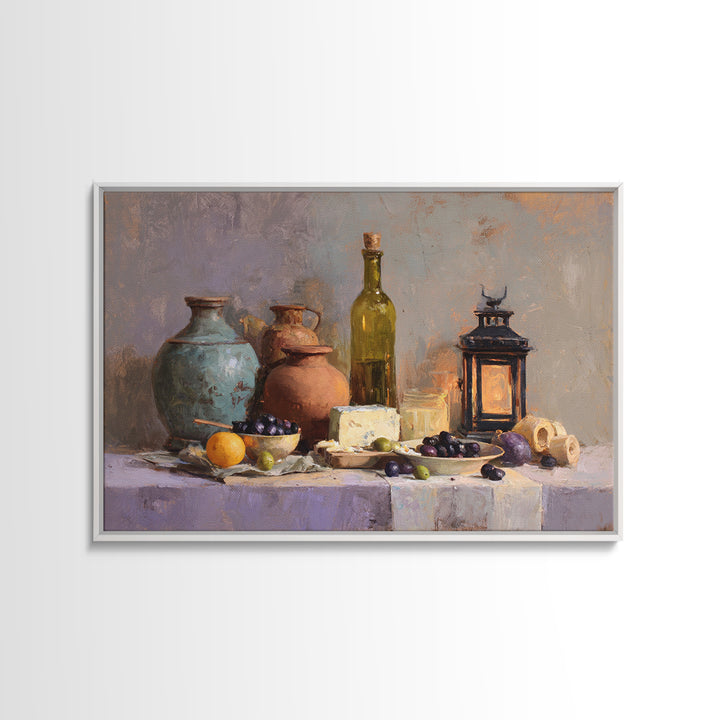 Figs Olives and Cheese Still Life Canvas Print, Mediterranean Art, Oil Painting, Living Room Decor, Azure, Nautical Decor, MAR-3x2-12