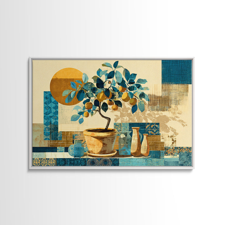 Citrus Tree in Clay Pot Framed Canvas Print, Mediterranean Art, Printable Wall Art, Living Room Decor, Fine Art, Azure, MAR-3x2-14