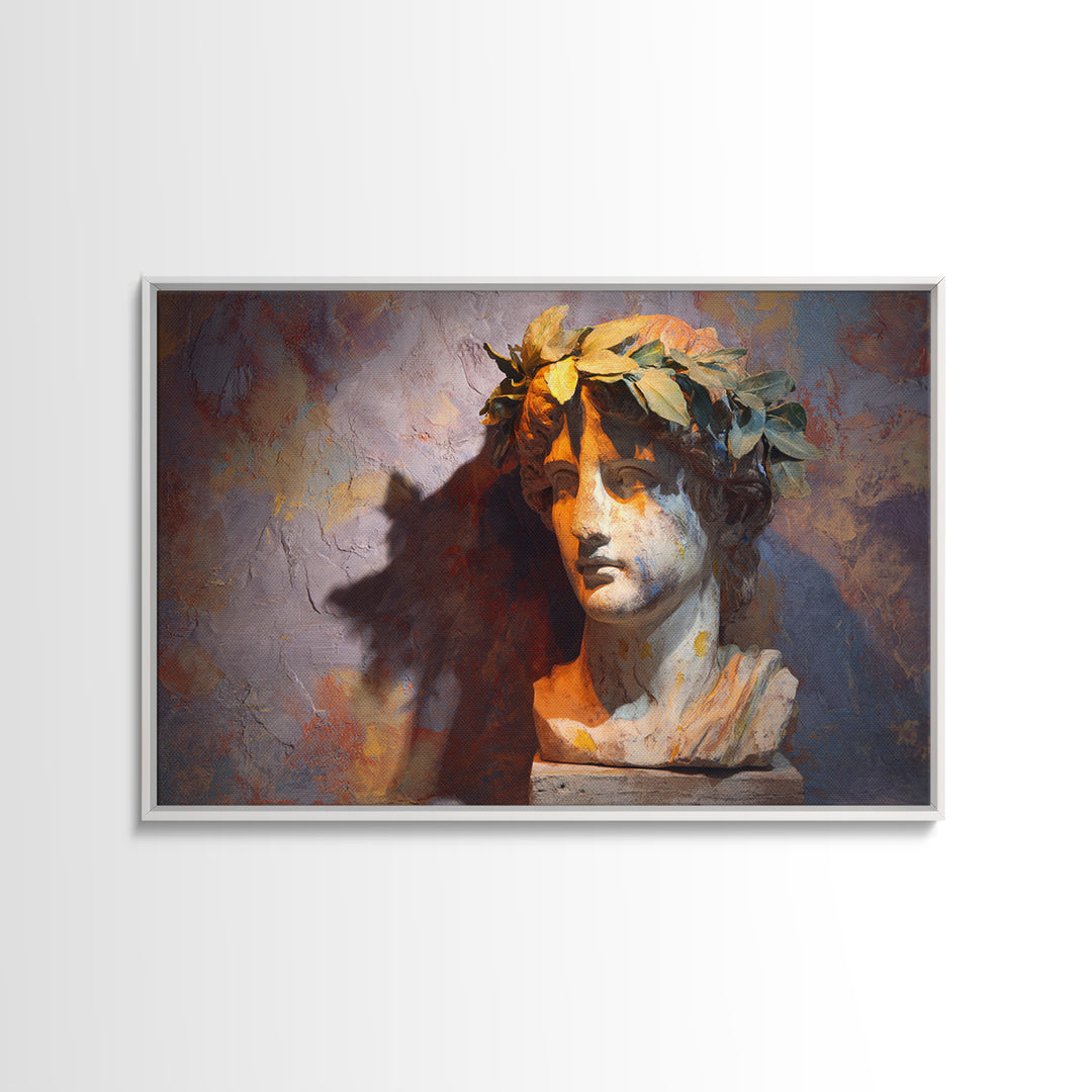 Roman Statue Bust Framed Canvas Print, Mediterranean Art, Minimalist Decor, Living Room Decor, Azure, Horizontal Wall Art, MAR-3x2-2