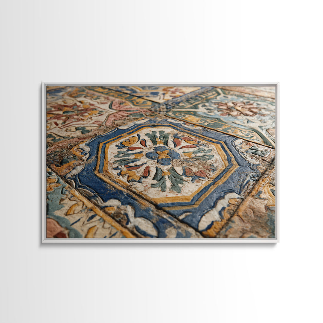 Spanish Tile Ornament Framed Canvas Print, Mediterranean Art, Large Wall Art, Living Room Decor, Azure, Digital Art Prints, MAR-3x2-20