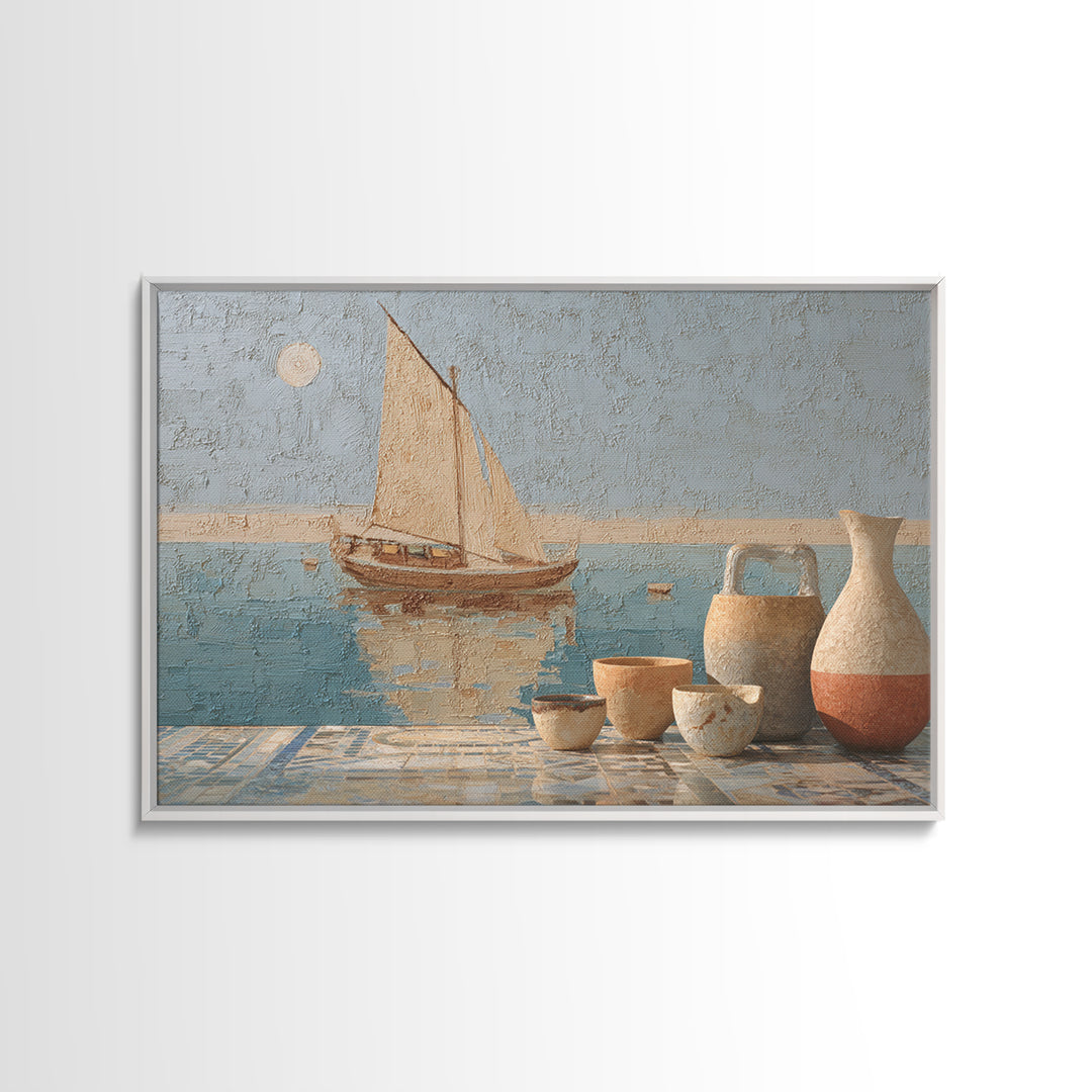 Mediterranean Sailboat on Glassy Water Canvas Print, Mediterranean Art, Oil Painting, Living Room Decor, Azure, Nautical Decor, MAR-3x2-22