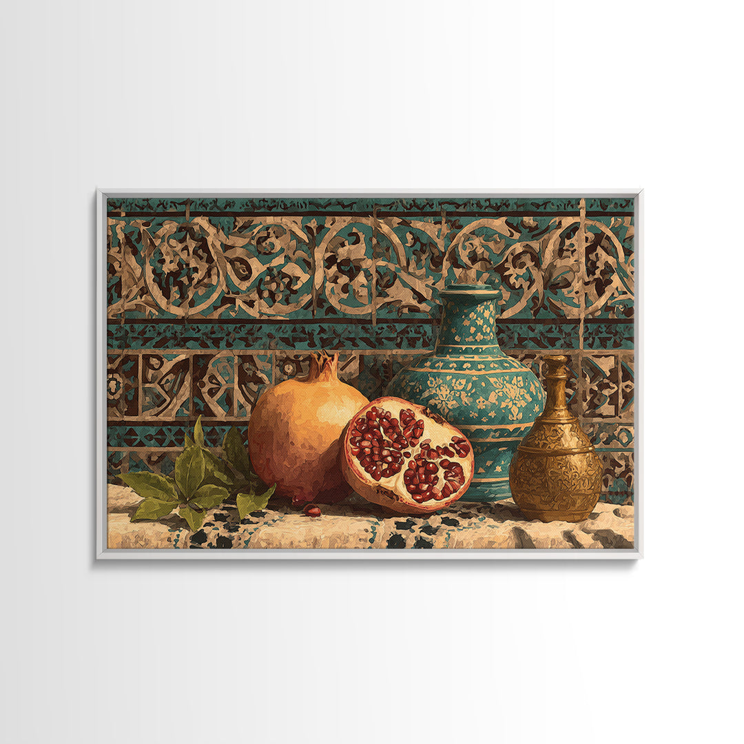 Pomegranate Still Life Framed Canvas Print, Mediterranean Art, Framed Wall Art, Living Room Decor, Azure, Watercolor Art, MAR-3x2-23