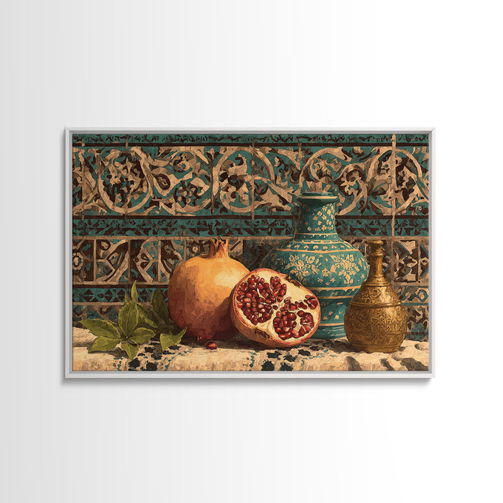 Pomegranate Still Life Framed Canvas Print, Mediterranean Art, Framed Wall Art, Living Room Decor, Azure, Watercolor Art, MAR-3x2-23