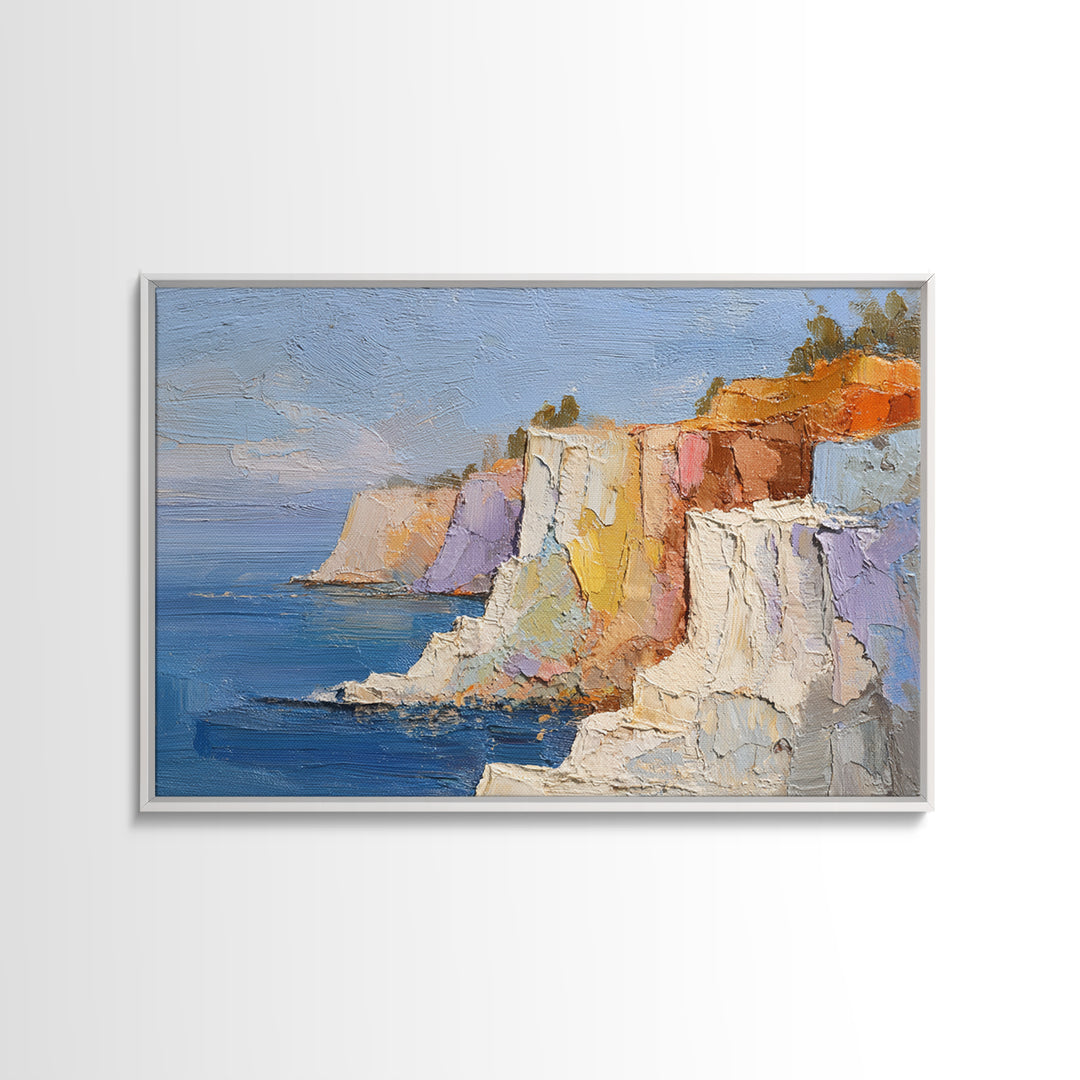 Coastal Cliffs with Sparkling Blue Water Framed Canvas Print, Mediterranean Art, Framed Wall Art, Living Room Decor, Azure, MAR-3x2-24