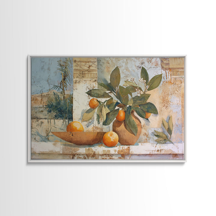 Ceramic Bowl of Oranges and Leaves Framed Canvas Print, Mediterranean Art, Horizontal Wall Art, Living Room Decor, Abstract Art, MAR-3x2-25
