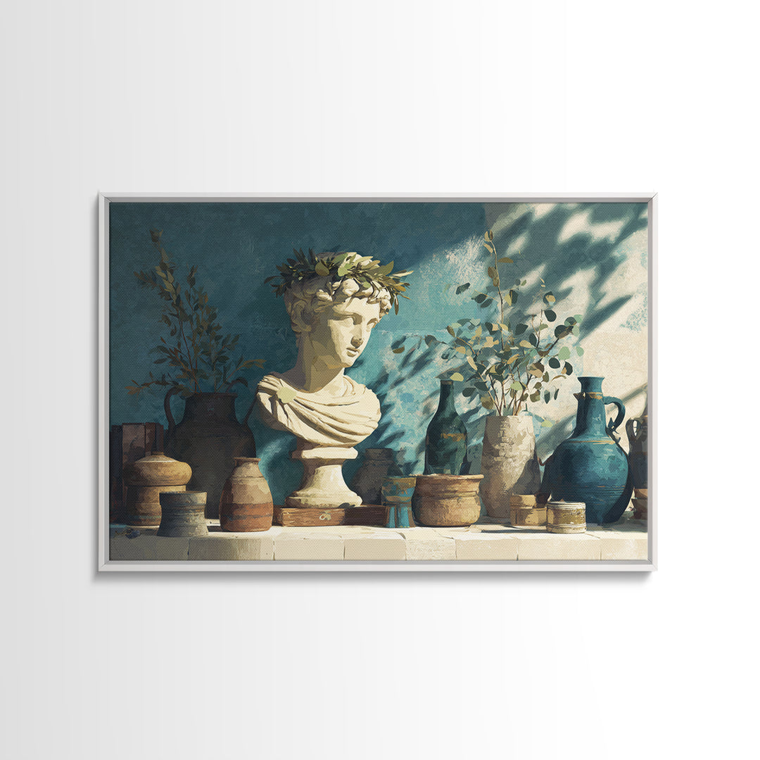 Roman Statue Bust Canvas Print, Mediterranean Art, Digital Wall Art, Living Room Decor, Watercolor Art, Azure, Coastal Wall Art, MAR-3x2-26