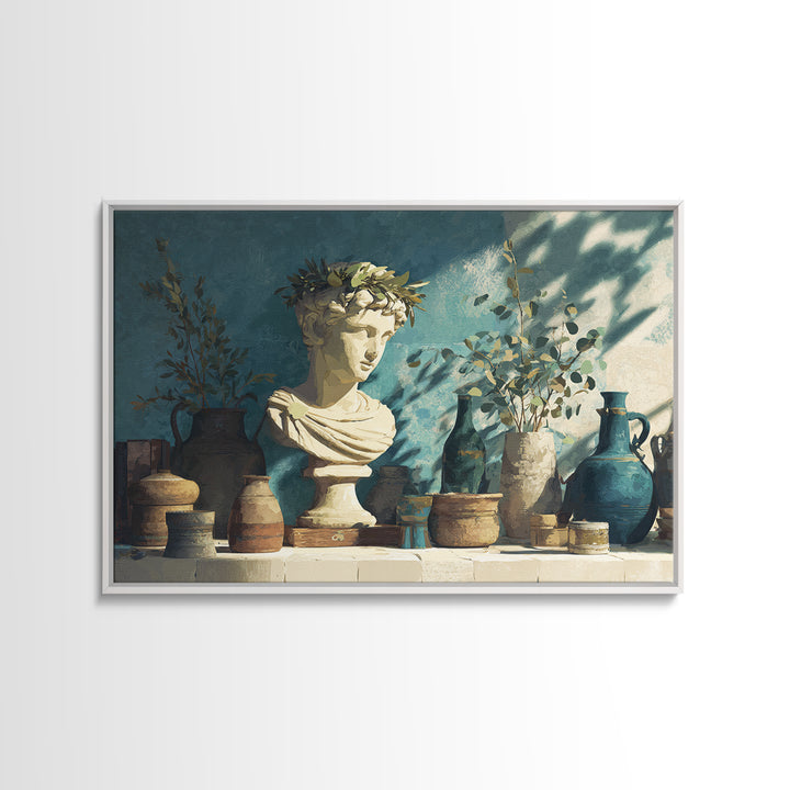 Roman Statue Bust Canvas Print, Mediterranean Art, Digital Wall Art, Living Room Decor, Watercolor Art, Azure, Coastal Wall Art, MAR-3x2-26