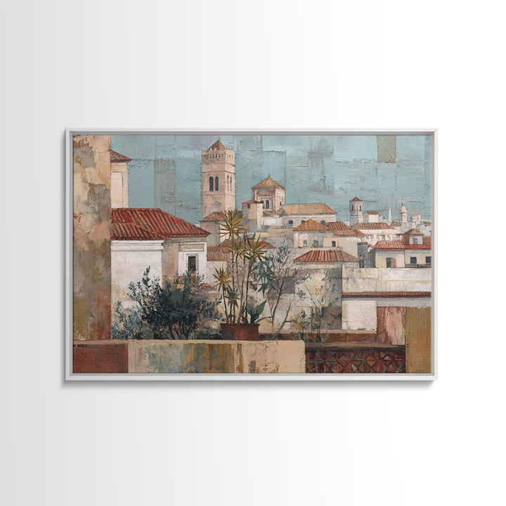 Sunset over Red Tiled Rooftops Canvas Print, Mediterranean Art, Original Painting, Living Room Decor, Fine Art, Azure, MAR-3x2-3