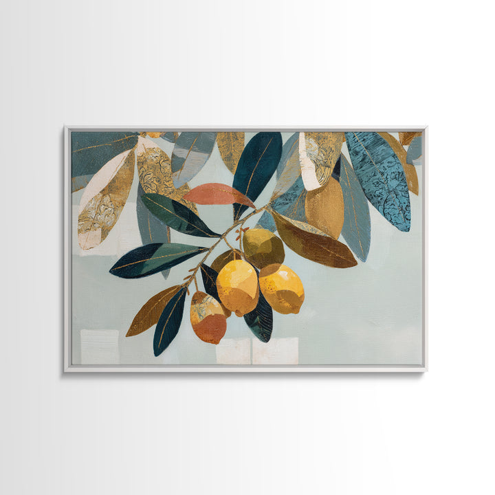 Olive Branch and Lemons on Terracotta Ground Canvas Print, Mediterranean Art, Horizontal Wall Art, Living Room Decor, Azure, MAR-3x2-30