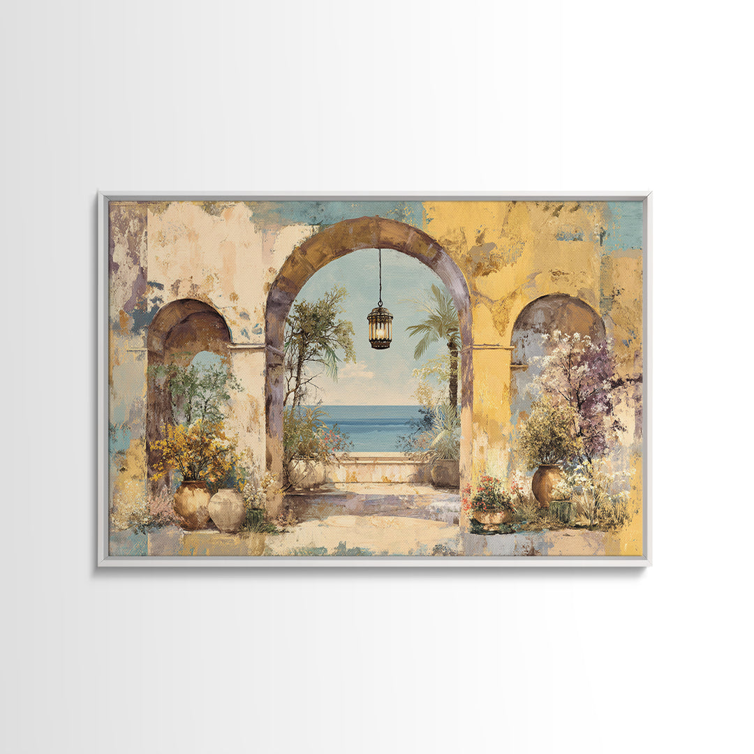 Mediterranean Arch Framing Ocean Horizon Canvas Print, Mediterranean Art, Modern Wall Art, Living Room Decor, Azure, MAR-3x2-31