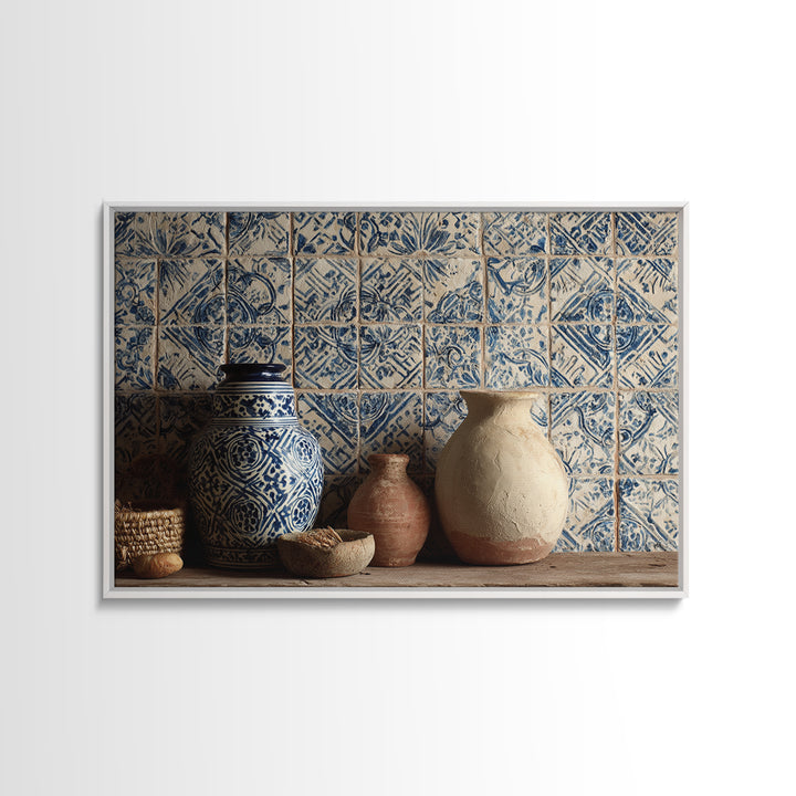 Blue and White Tile Pattern Canvas Print, Mediterranean Art, Printable Art, Living Room Decor, Azure, Minimalist Wall Art, MAR-3x2-32
